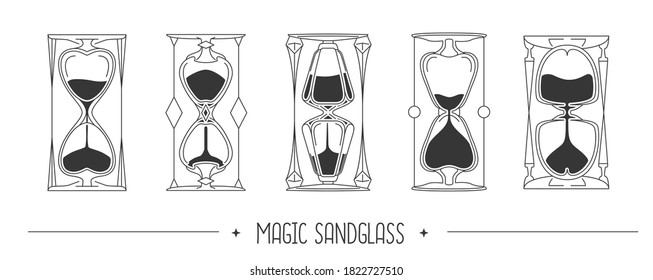 Modern magic witchcraft card with set of different hourglass. Vector illustration