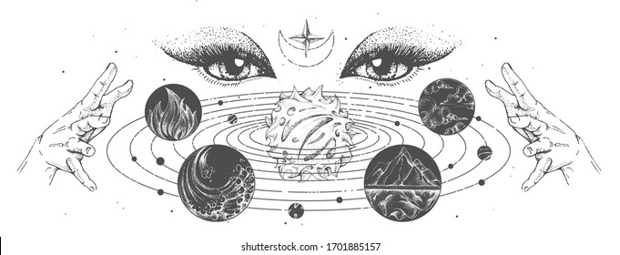 Modern magic witchcraft card with solar system, four elements and fortune teller eyes. Hand drawing occult illustration of water, earth, fire, air