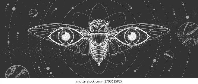 La moderna tarjeta de brujería mágica con sistema solar, cigarra y ojos de visión. Ilustración del vector oculto de dibujo manual