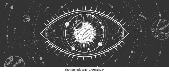 Modern magic witchcraft card with solar system and all-seeing eye. Hand drawing occult  vector illustration