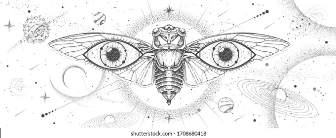 La moderna tarjeta de brujería mágica con sistema solar, cigarra y ojos de visión. Ilustración del vector oculto de dibujo manual