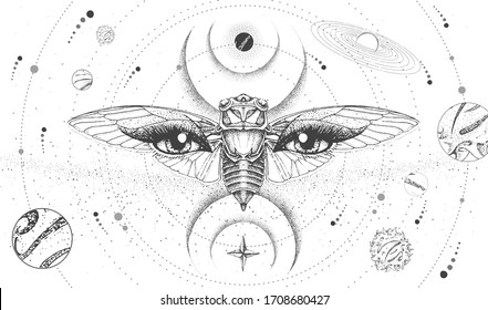 La moderna tarjeta de brujería mágica con sistema solar, cigarra y ojos de visión. Ilustración del vector oculto de dibujo manual