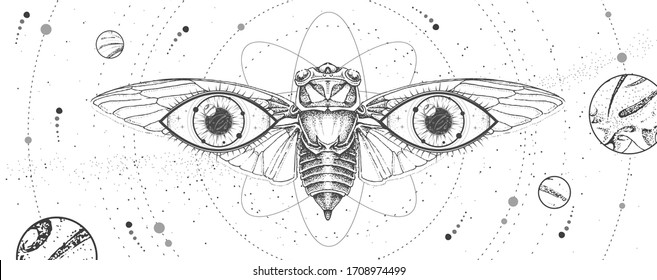 La moderna tarjeta de brujería mágica con sistema solar, cigarra y ojos de visión. Ilustración del vector oculto de dibujo manual