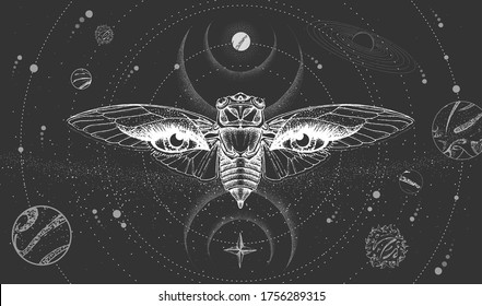 Modern magic witchcraft card with solar system,  cicada and all-seeing eye. Hand drawing occult vector illustration