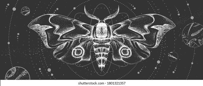 Tarjeta de brujería mágica moderna con sistema solar y mariposa. Ilustración de vector oculto de dibujo manual