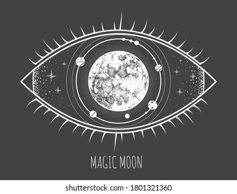 Modern magic witchcraft card with solar system and all-seeing eye. Hand drawing occult moon illustration