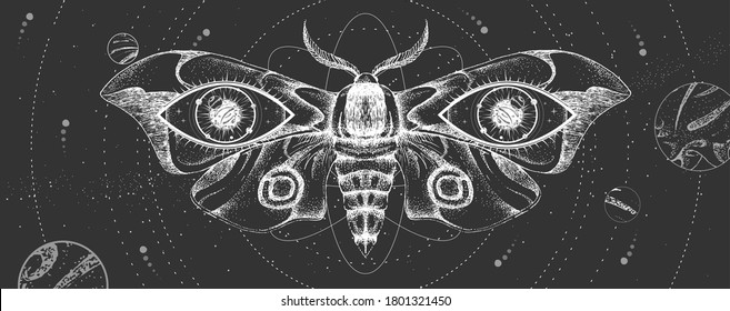 Tarjeta de brujería mágica moderna con sistema solar y mariposa. Ilustración de vector oculto de dibujo manual