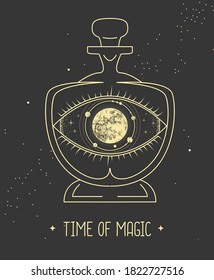 Modern magic witchcraft card with solar system like all-seeing eye in glass bottle. Vector illustration