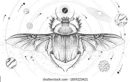 Tarjeta de brujería mágica moderna con sistema solar y escarabajo escarabajo. Ilustración de vector oculto de dibujo manual