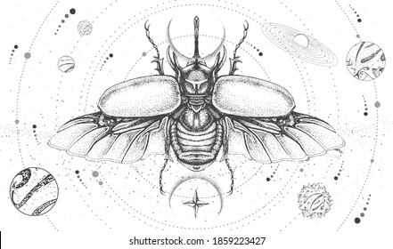 Modern magic witchcraft card with solar system and rhinoceros beetle. Hand drawing occult vector illustration