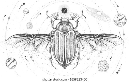 Modern magic witchcraft card with solar system and june beetle. Hand drawing occult vector illustration