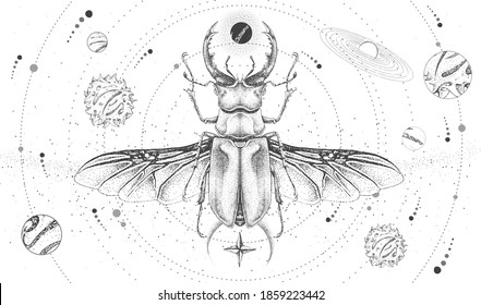 Modern magic witchcraft card with solar system and stag beetle. Hand drawing occult vector illustration