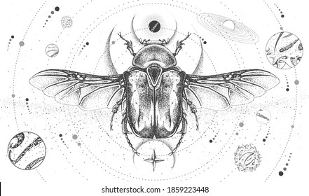 Modern magic witchcraft card with solar system and Flower chafer beetle. Hand drawing occult vector illustration