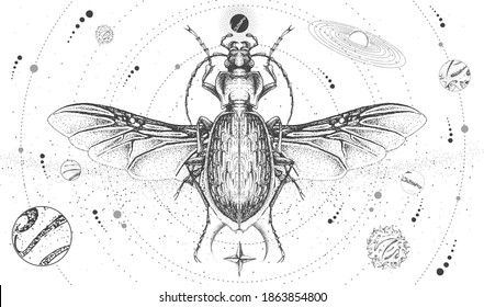 Modern magic witchcraft card with solar system and ground beetle. Hand drawing occult vector illustration