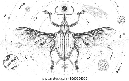 Modern magic witchcraft card with solar system and Curculionidae beetle. Hand drawing occult vector illustration