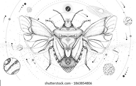 Modern magic witchcraft card with solar system and shield beetle. Hand drawing occult vector illustration