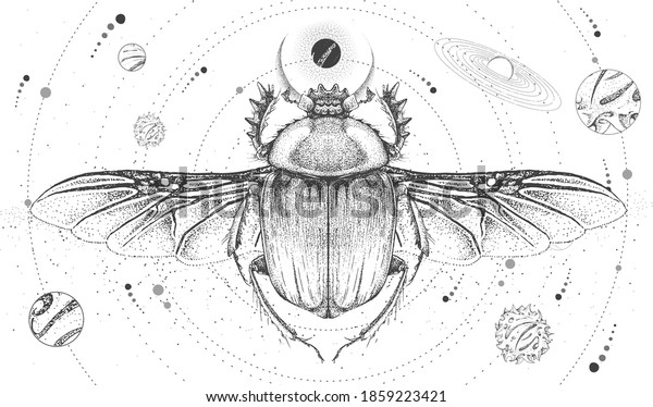 Modern magic\
witchcraft card with solar system and scarab beetle. Hand drawing\
occult vector\
illustration