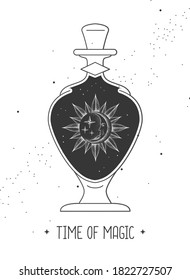 Modern magic witchcraft card with sun and moon in glass bottle on space background. Vector illustration