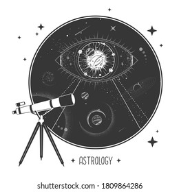 Modern magic witchcraft card with telescope and all seeing eye in outer space. Vector illustration