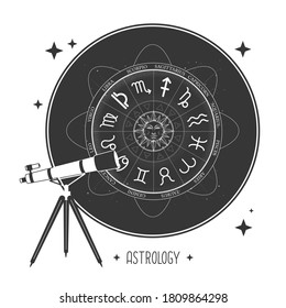 Modern magic witchcraft card with telescope and Astrology wheel with zodiac signs. Horoscope Vector illustration