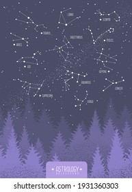 Modern magic witchcraft card with zodiac constellations in the night sky. Vector illustration