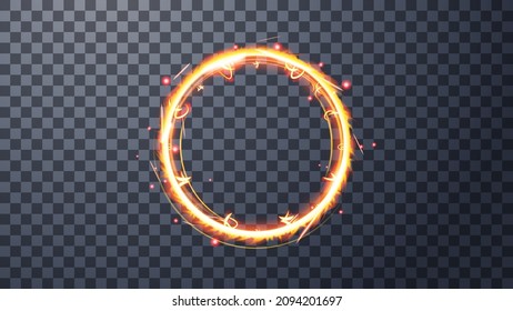 Modern magic witchcraft circle with runes. Ethereal fire portal sign with strange flame spark. Decor elements for magic doctor, shaman, medium. Luminous trail effect on transparent background.
