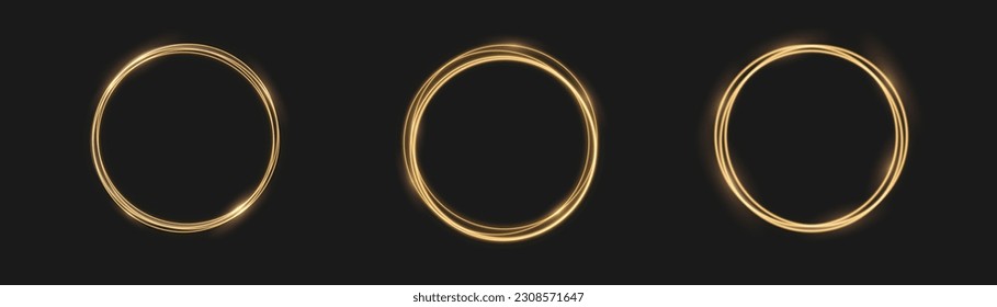 Modern magic witchcraft circle with runes. Ethereal fire portal sign with strange flame spark. Luminous trail effect. Curve light effect of golden line. Luminous golden swirl. Vector illustration