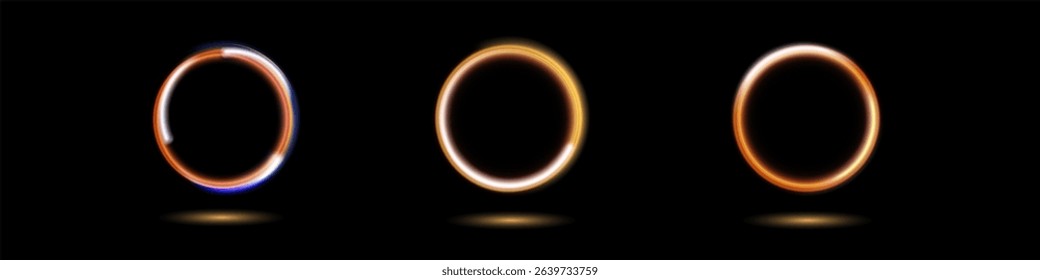 Modern magic witchcraft circle with runes. Ethereal fire portal sign with strange flame spark. Decor elements for magic doctor, shaman, medium. Luminous trail effect on transparent background.