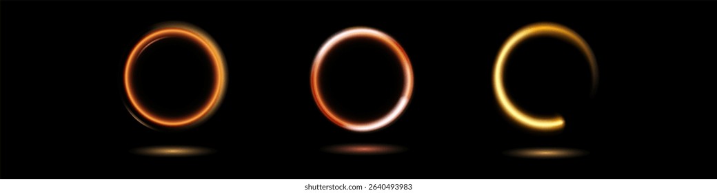 Modern magic witchcraft circle with runes. Ethereal fire portal sign with strange flame spark. Decor elements for magic doctor, shaman, medium. Luminous trail effect on transparent background.