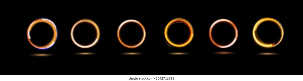 Círculo de bruxaria mágica moderna com runas. Sinal de portal de fogo etéreo com faísca de chama estranha. Elementos de decoração para médico mágico, xamã, médio. Efeito de trilha luminosa sobre fundo transparente.