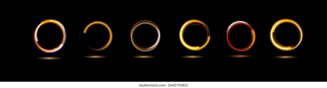 Modern magic witchcraft circle with runes. Ethereal fire portal sign with strange flame spark. Decor elements for magic doctor, shaman, medium. Luminous trail effect on transparent background.