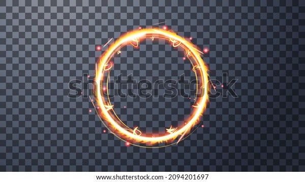 Modern magic witchcraft circle with runes.
Ethereal fire portal sign with strange flame spark. Decor elements
for magic doctor, shaman, medium. Luminous trail effect on
transparent background.