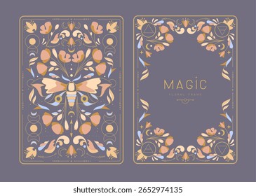 Modern magic witchcraft frames with floral elements and ornament. Decorative floral back and face card design. Vector illustration