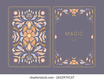 Modern magic witchcraft frames with floral elements and ornament. Decorative floral back and face card design. Vector illustration