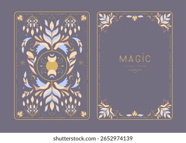 Modern magic witchcraft frames with floral elements and ornament. Decorative floral back and face card design. Vector illustration