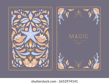 Modern magic witchcraft frames with floral elements and ornament. Decorative floral back and face card design. Vector illustration