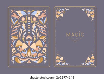 Modern magic witchcraft frames with floral elements and ornament. Decorative floral back and face card design. Vector illustration