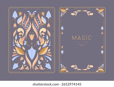 Modern magic witchcraft frames with floral elements and ornament. Decorative floral back and face card design. Vector illustration