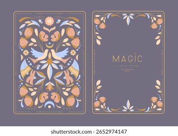 Modern magic witchcraft frames with floral elements and ornament. Decorative floral back and face card design. Vector illustration