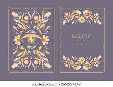 Modern magic witchcraft frames with floral elements and ornament. Decorative floral back and face card design. Vector illustration