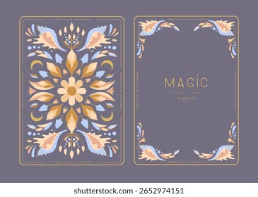 Modern magic witchcraft frames with floral elements and ornament. Decorative floral back and face card design. Vector illustration