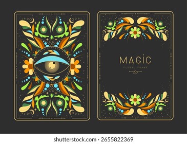 Marcos de brujería mágica moderna con Elementos florales y adornos. Diseño floral decorativo de la tarjeta de la parte posterior y de la cara. Ilustración vectorial