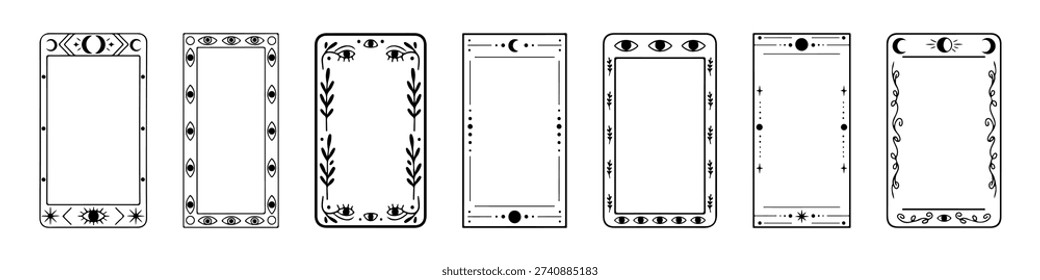 Modern magic and witchcraft frames set. Astrology line art with stars, sun, and moon, mystical collection.