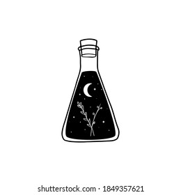 Modern magic witchcraft illustration with plants and moon in glass bottle on space background. Vector illustration