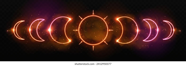 Modern magic witchcraft neon sing with moon phases. Pagan moon symbol. Vector illustration