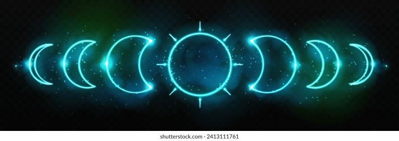 Modern magic witchcraft neon sing with moon phases. Pagan moon symbol. Vector illustration