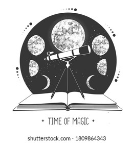 Modern magic witchcraft open book  with telescope and moon phases. Pagan moon symbol. Vector illustration