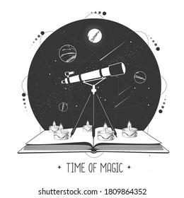 Modernes, zauberhaftes, offenes Buch mit Teleskop und Weltraum und Planeten. Vektorgrafik