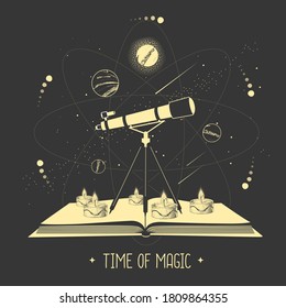Modern magic witchcraft open book with telescope and outer space and planets. Vector illustration