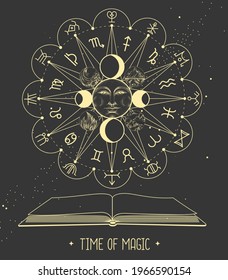 Modern magic witchcraft open book with Astrology wheel with zodiac signs on space background.  Lower and upper zodiac. Horoscope vector illustration